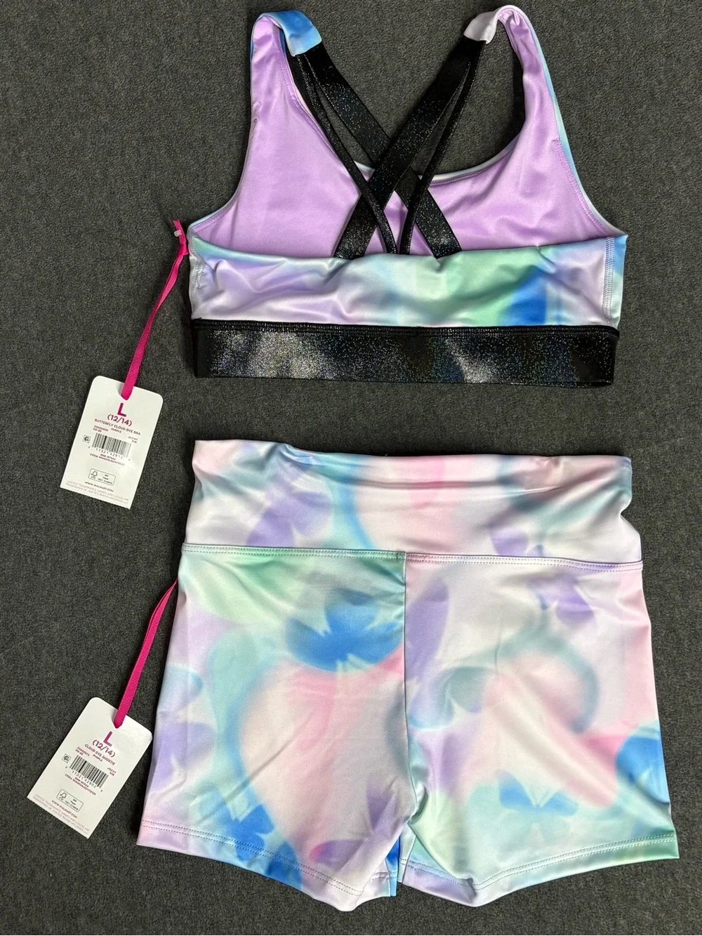 🆕 Justice Girls Dance Gym Sports Active Shorts & Bra 2 Pc Set SIZE L(12/14)